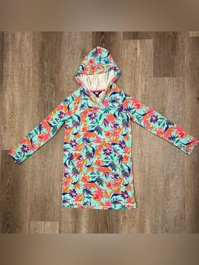 Lands’ End LS Hooded Terry Coverup, Aqua/Multi Floral - Size L (10/12) (EUC)
